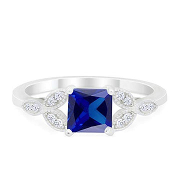 Art Deco Design Engagement Ring Princess Cut Simulated Blue Sapphire CZ 925 Sterlig Silver